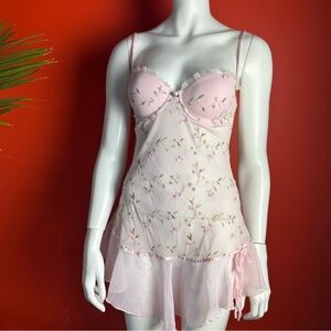 Vintage Pink floral lace dress with ruffle trim and bow babydoll lingerie